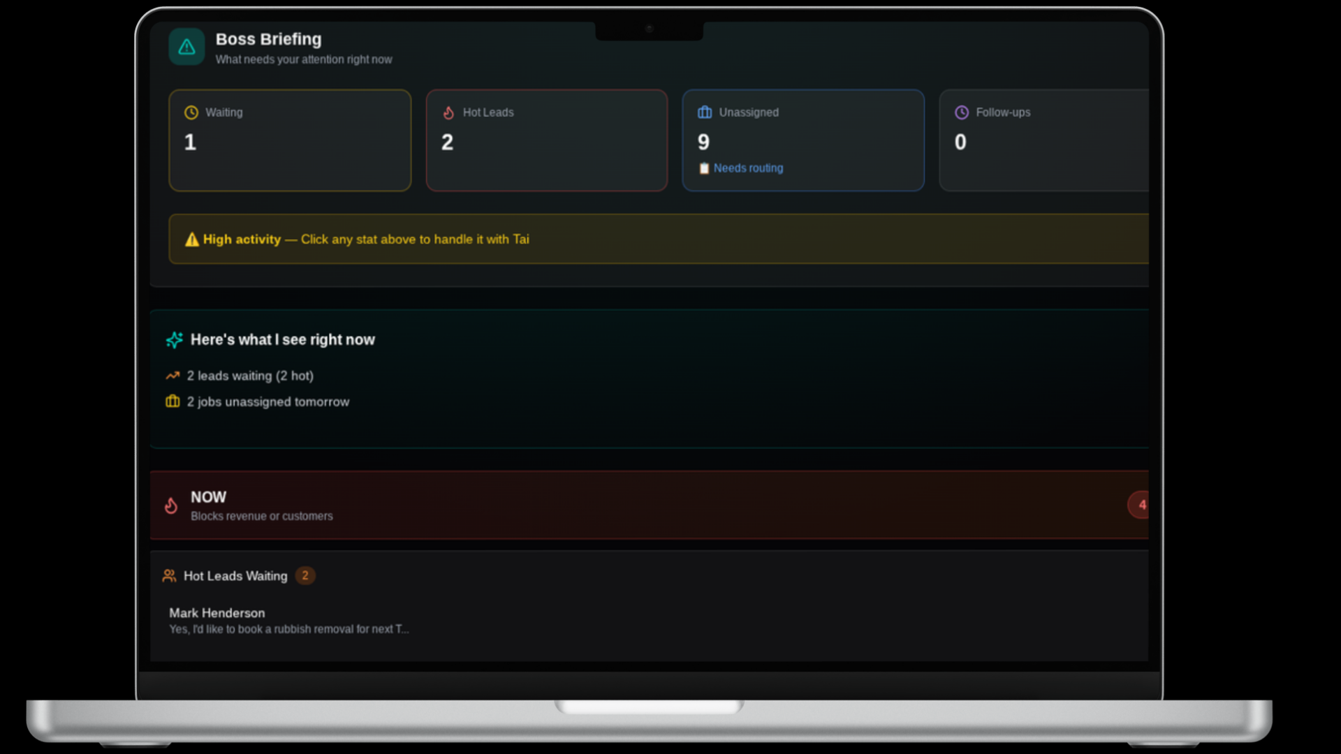 TaiHub Boss Dashboard showing priorities, hot leads and unassigned jobs