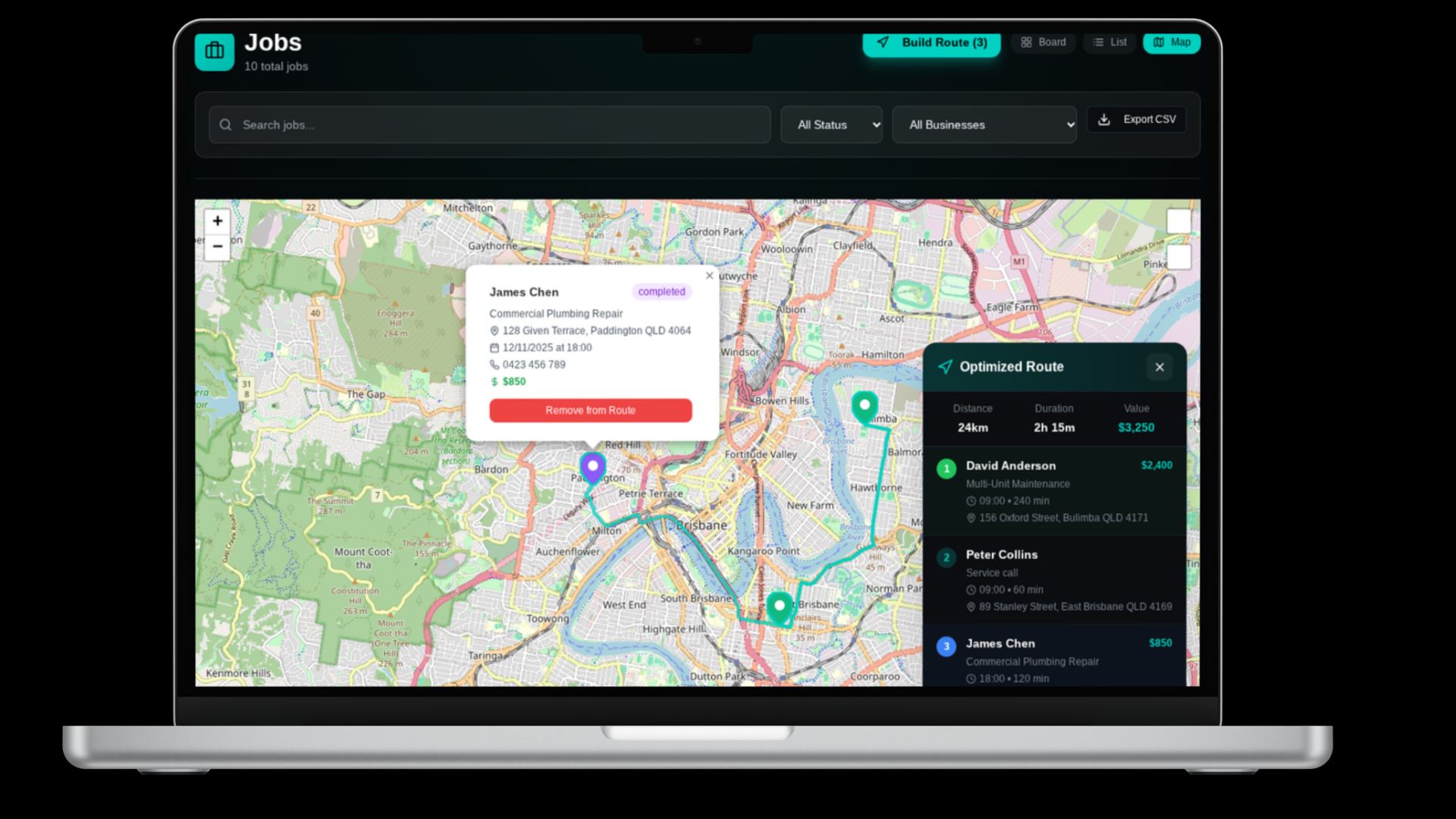 TaiHub optimised job routes and map view
