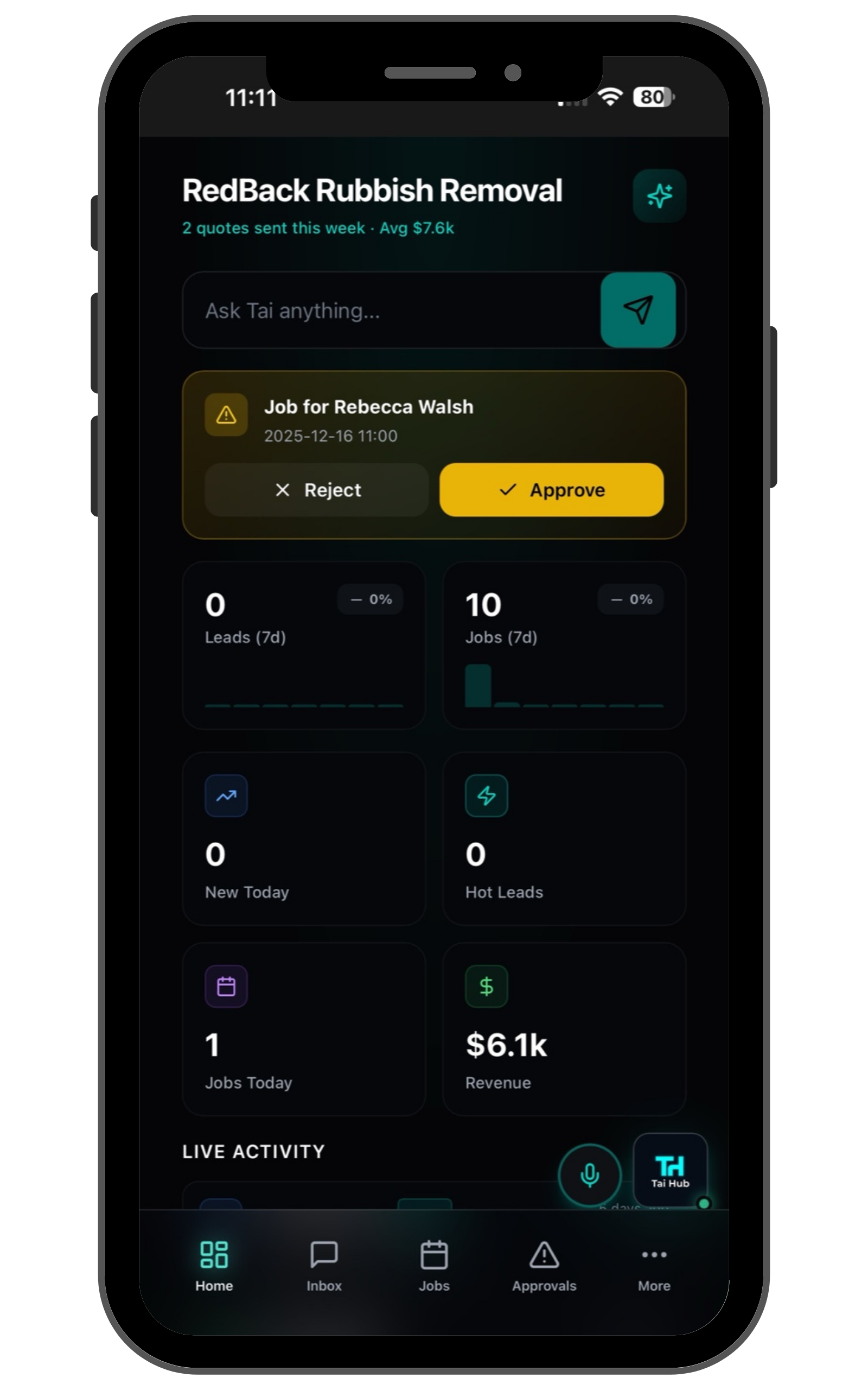 TaiHub mobile boss dashboard showing approvals, jobs and revenue